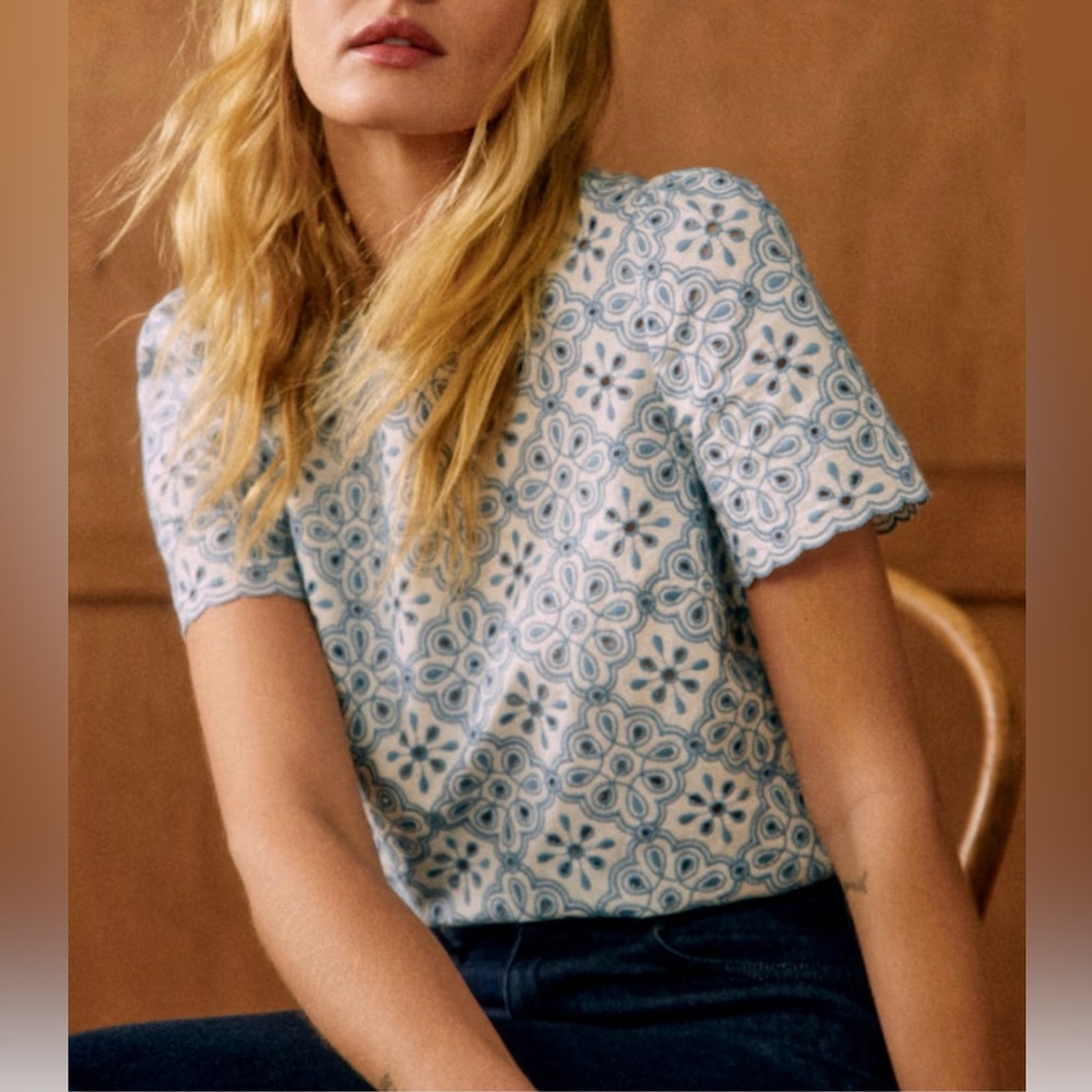 Sezane White and Light Blue Eyelet Floral Short Sleeve Blouse